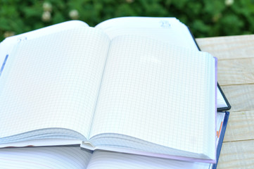 Open books on wooden table on natural background