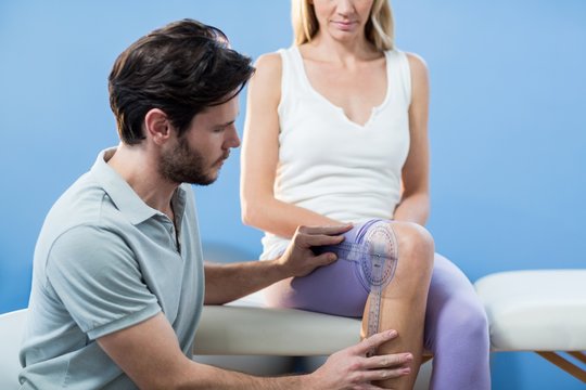 Physiotherapist examining female patients knee with goniometer