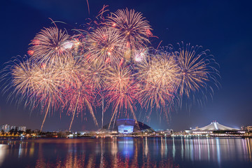 Beautiful Singapore national day fireworks at national stadium.