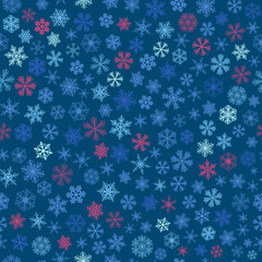 Seamless pattern of snowflakes, light blue and pink on blue