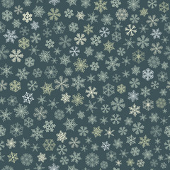 Seamless pattern of snowflakes, white on gray-green