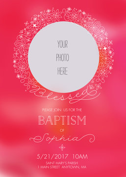 Pink Girl's Baptism, Christening, Religious Occasion Greeting - Photo Invitation Template - Vector