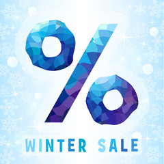 Greative percentage sign. Decorative blue percent icon, sale and other business. Isolated abstract graphic design template. Stained-glass icy texture. Winter seasonal shopping stained decoration.