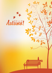 vector autumn landscape with trees in the park and bench
