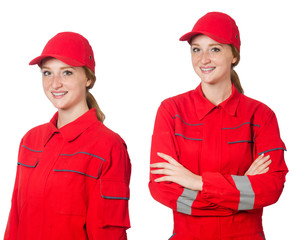 Woman in red overalls isolated on white