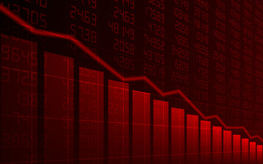 Abstract Business chart with downtrend line graph, bar chart and stock numbers in bear market on dark red background (vector)