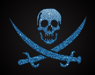 Vector blue skull. Pirate flag. Sequins.