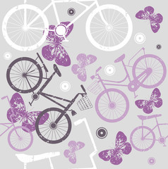 Cute seamless pattern with retro bicycles, flowers and decorativ
