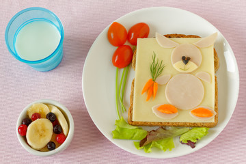 Healthy and fun food for kids, funny face sandwich