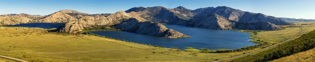 Naklejka na ściany i meble Panorama of Sibinskie Lakes - a group of five lakes located in Eastern Kazakhstan.