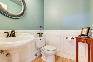 Mint walls in white bathroom with antique washbasin stand