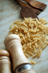 Dry pasta spiral on the table