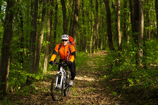 Biker in orange jersey on the forest road