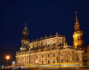 Fototapeta na wymiar Dresden Royal Palace by night with tram shadow