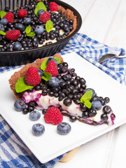 Delicious tart with blueberries and raspberries
