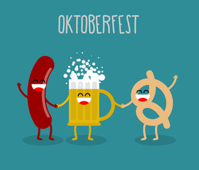 Beer, sausage and pretzel friends. Oktoberfest food. Holiday in