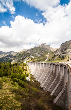 Lake Fedaia and dam at the foot of Marmolada mountain