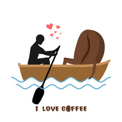 coffee lovers. Man and coffee beans  ride in boat. Lovers of sai
