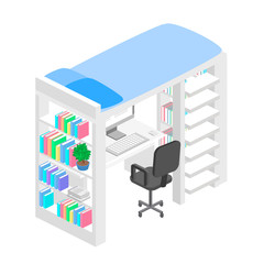 Isometric workplace for child. child Room. Loft bed with table chair and books. Flat 3D illustration.
