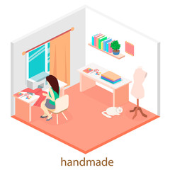 woman sews on the sewing machine. Isometric room interior.