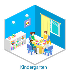 Isometric interior of room in the kindergarten. Children draw