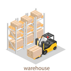 isometric interior of warehouse. The boxes are on the shelves