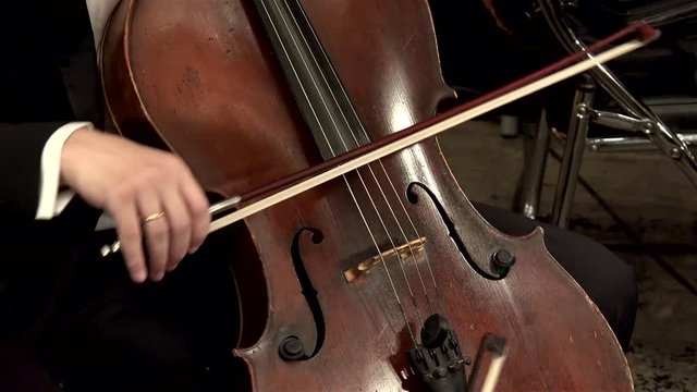 Playing  string instruments (cello)  in a symphony orchestra.