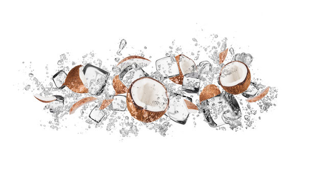 Coconuts in water splash on white background