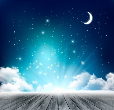 Beautiful magical night background with moon and stars. Vector.