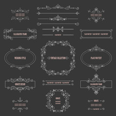 Vintage frames, borders, dividers, page decoration elements set on blackboard.