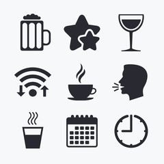 Drinks signs. Coffee cup, glass of beer icons.