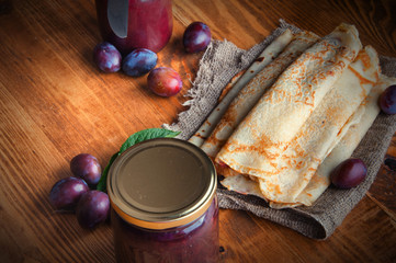 Pancakes and fresh plum jam