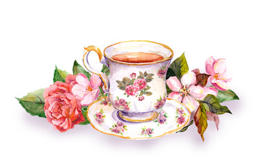 Teacup and tea pot with pink flowers. Watercolor