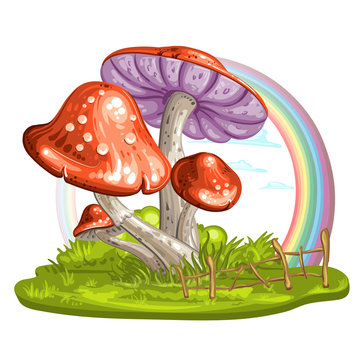 Cartoon mushroom on green glade