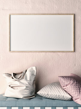 Mock up frame on rose wall,  sofa, pillows and bag, 3d illustration