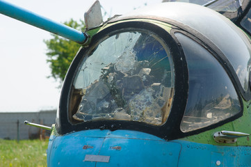 broken windshield from the old helicopter
