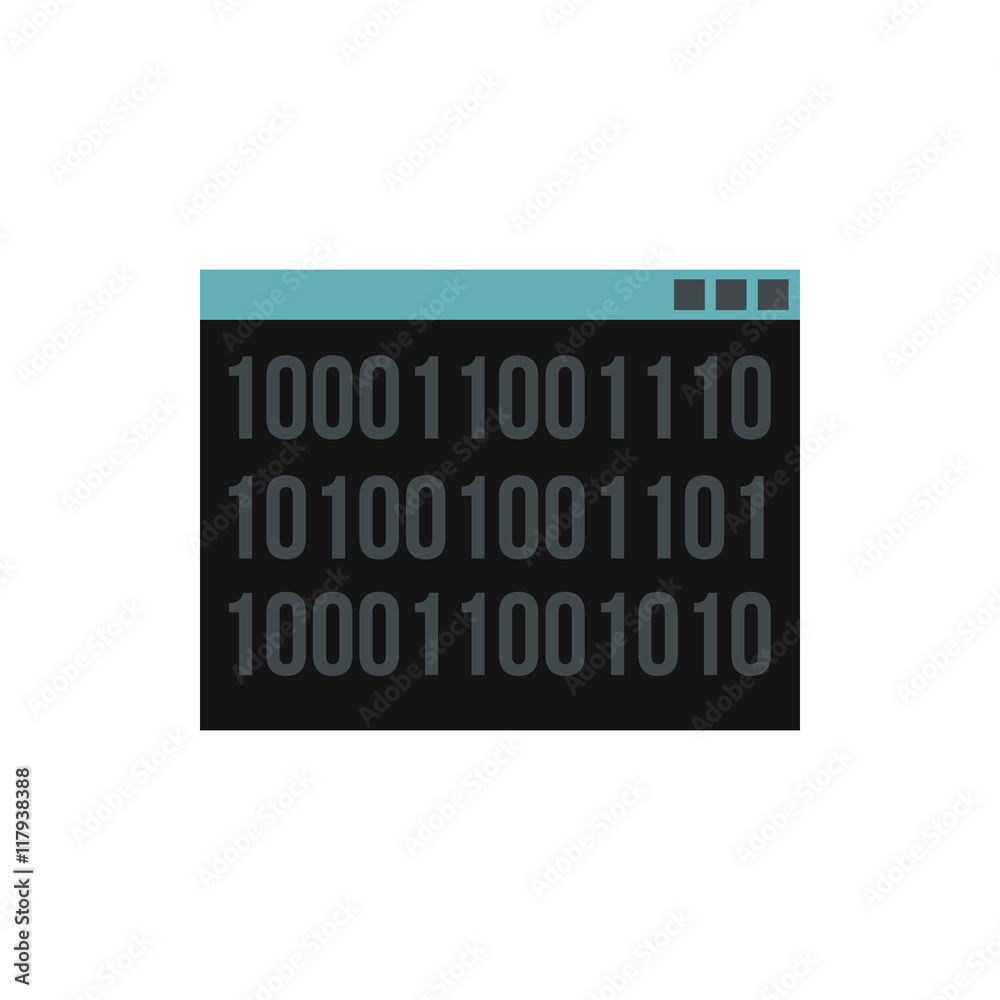 Poster binary code on screen icon in flat style isolated on white background. programming symbol