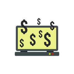 Money online on computer icon in flat style isolated on white background. E-earnings symbol