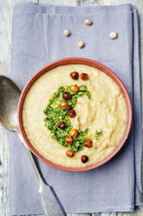 cauliflower chickpea soup with cilantro pesto and roasted chickp