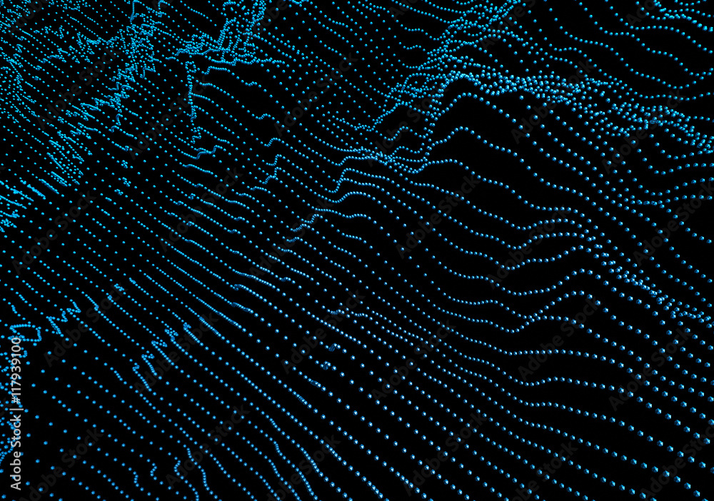 Poster abstract 3d rendering of waves with particles on black background. futuristic background with lines 