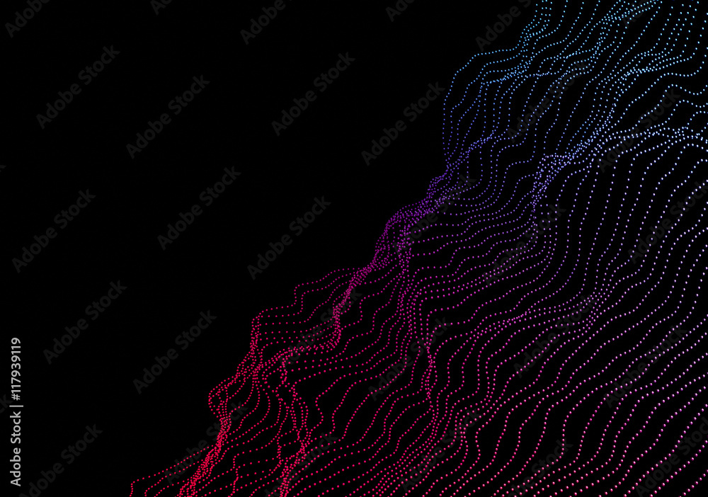 Poster abstract 3d rendering of waves with particles on black background. futuristic background with lines 