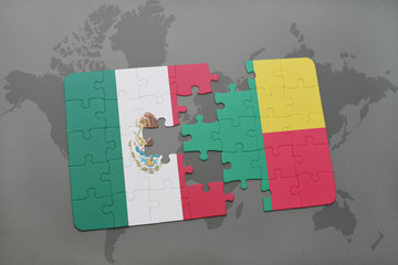 puzzle with the national flag of mexico and benin on a world map background.