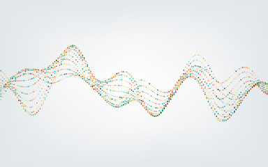 Abstract vector illustration of waves with particles on white background. Futuristic background with lines of many dots. Pattern design for poster, cover, banner, placard