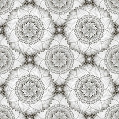Black and white seamless pattern with sunflowers. Textile swatch or packaging design. Floral coloring page.