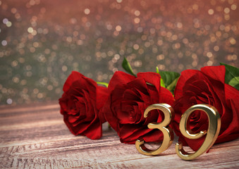 birthday concept with red roses on wooden desk. thirty-nineth. 39th. 3D render