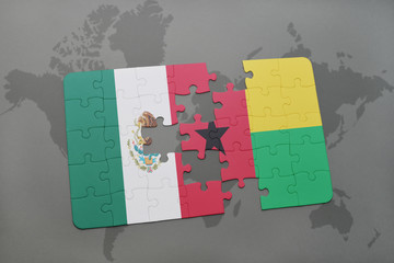 puzzle with the national flag of mexico and guinea bissau on a world map background.