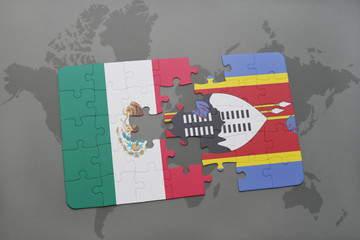 puzzle with the national flag of mexico and swaziland on a world map background.
