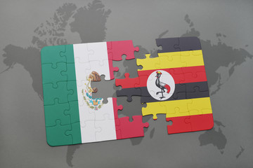 puzzle with the national flag of mexico and uganda on a world map background.