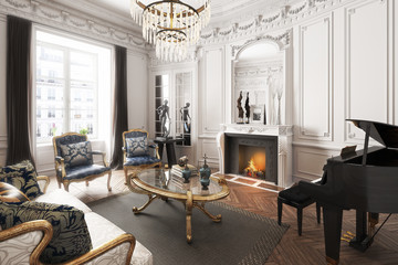 Luxury upscale elegant interior apartment with piano ,fireplace and chandelier . 3d rendering - obrazy, fototapety, plakaty