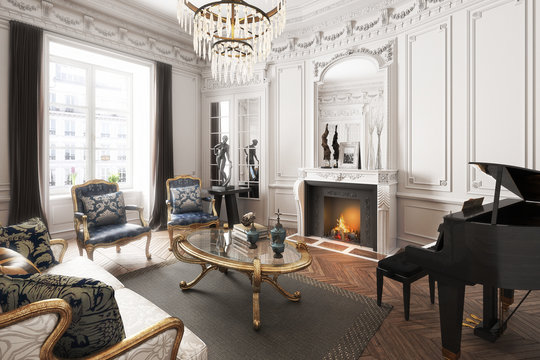 Luxury upscale elegant interior apartment with piano ,fireplace and chandelier . 3d rendering